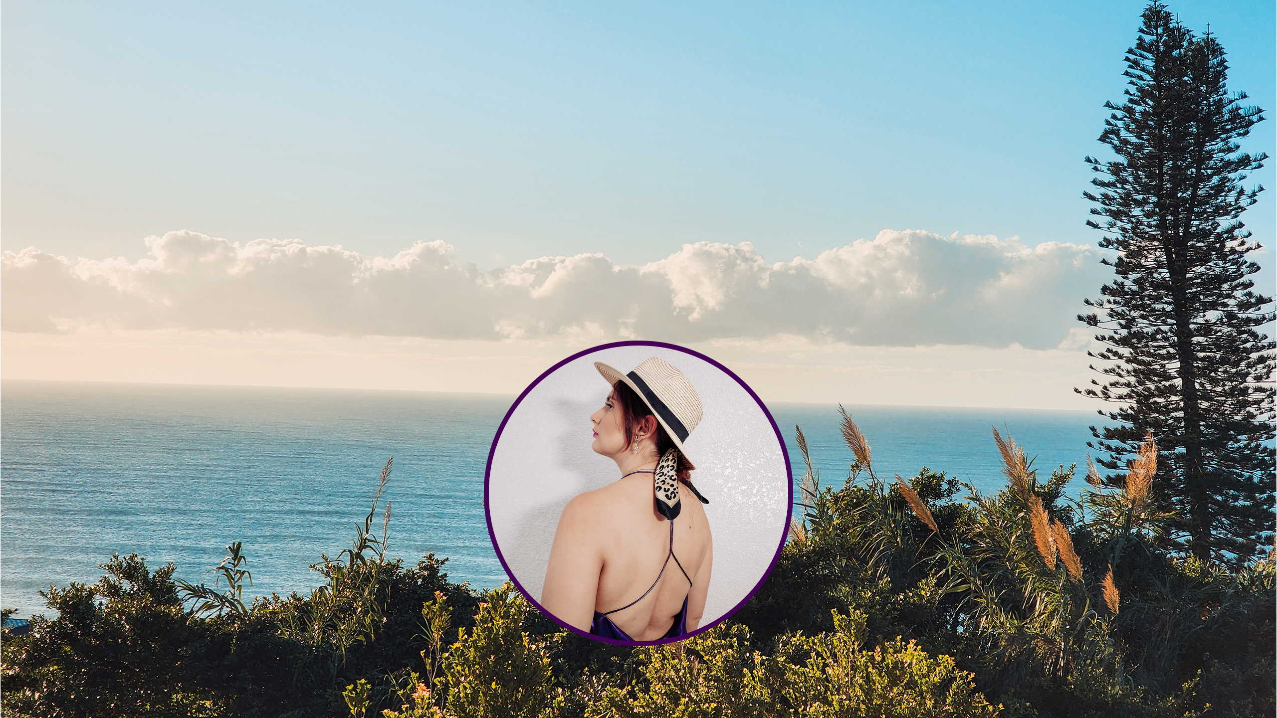 A woman with her back to the camera, wearing a straw hat and stylish dress, set against a background of the ocean and sky. Her image is enclosed in a purple circle. - Sharing Lifestyle, Fashion & Beauty