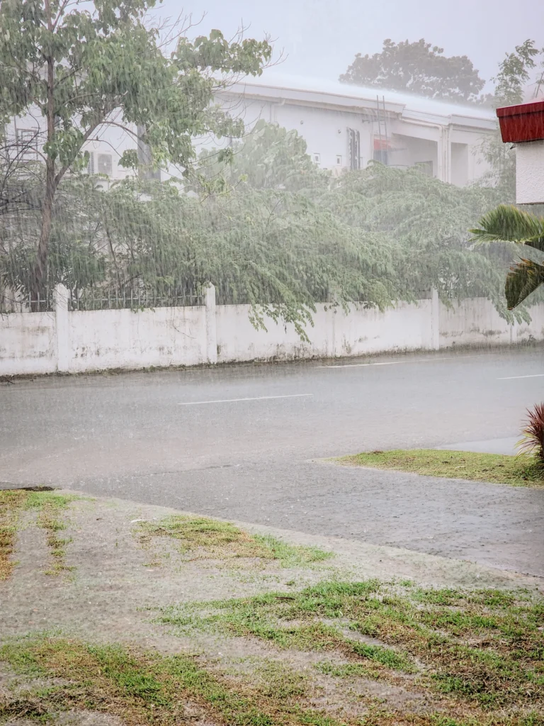 Heavy rain falling on a street in Clark Freeport, Pampanga, Philippines with trees and houses in the background