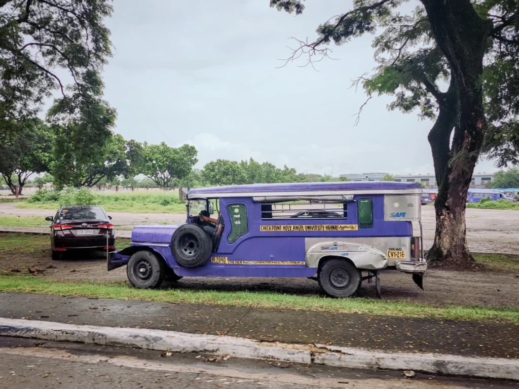 A purple Philippine jeepney is parked on a grassy patch beside a road, with a large tree on the right and a black car in the background. The jeepney has a unique design and is a classic symbol of public transportation in the Philippines.