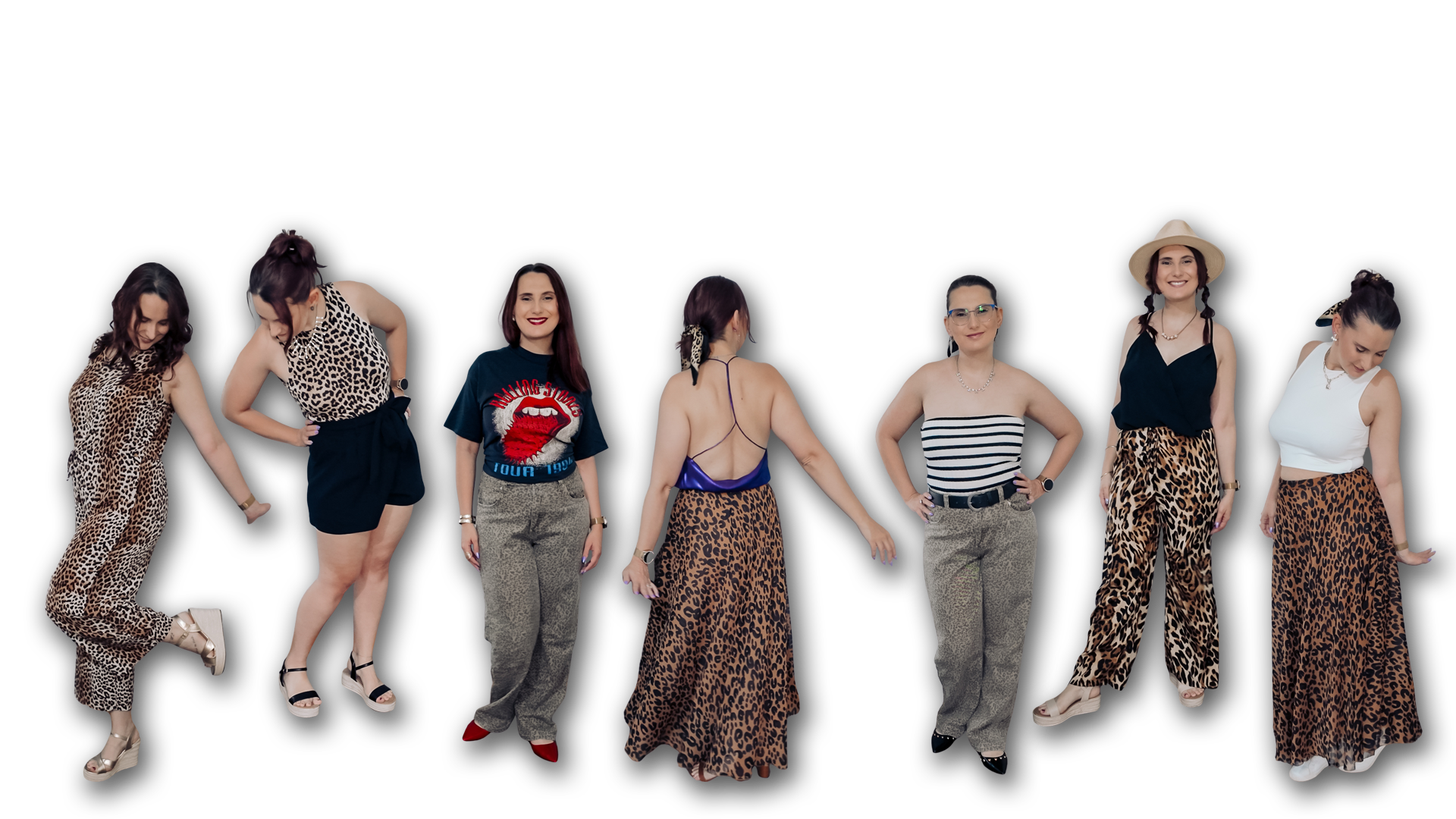 A composite image showing a woman in seven different outfits, each featuring a piece of leopard-print clothing.