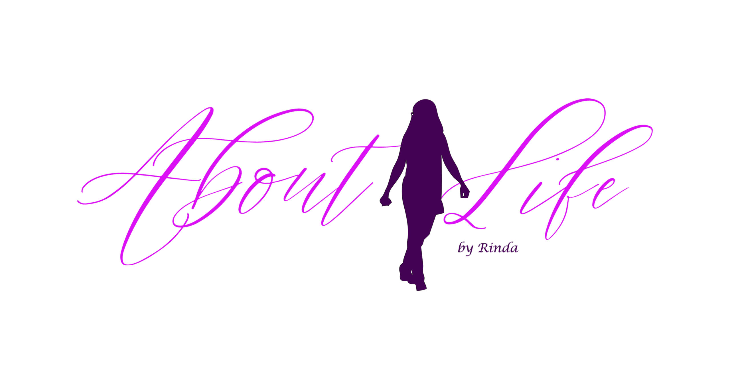 The "About Life" logo in elegant purple script, featuring a walking silhouette. The words "by Rinda" are also included.